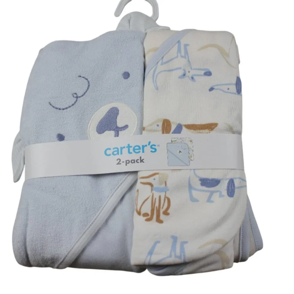 Carters Towel Hooded 2-Pack Blue Puppy Dog Infant Baby Boys Bath NWT